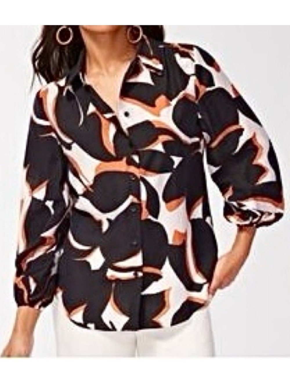 Chico’s Printed Balloon Sleeve Blouse Women’s Size M Button Front Lightweight